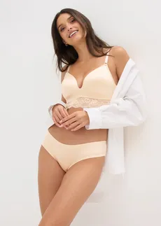 Vystužená podprsenka bez kostíc, s decentnou čipkou • perlovo béžová • obchod bonprix