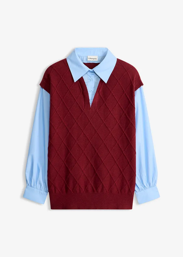Spencer met blouse-inzetstuk en katoen • robijnrood-lichtblauw • bonprix online shop