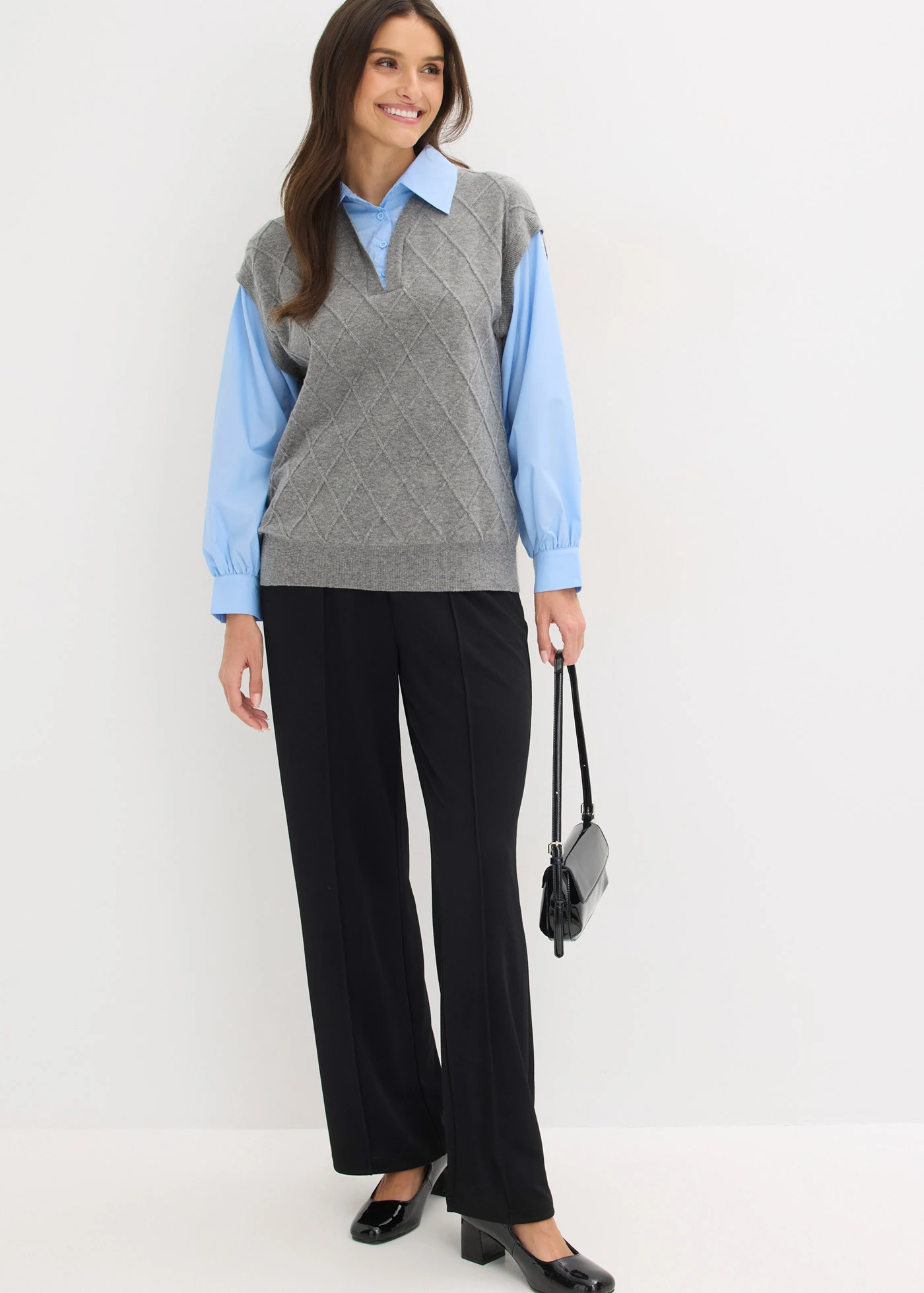 Vestă cu inserție tip cămașă, din material cu bumbac • gri melanj-bleu • magazin bonprix