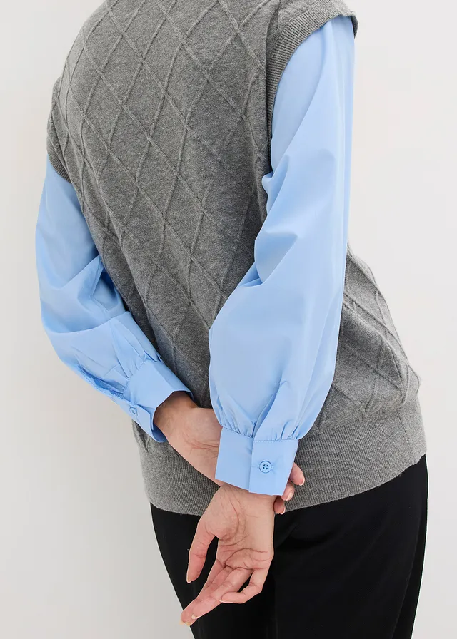Pull sans manches à empiècement chemisier en coton • gris chiné-bleu clair • product-page.page-title-suffix
