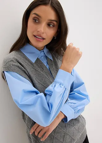Vestă cu inserție tip cămașă, din material cu bumbac • gri melanj-bleu • magazin bonprix