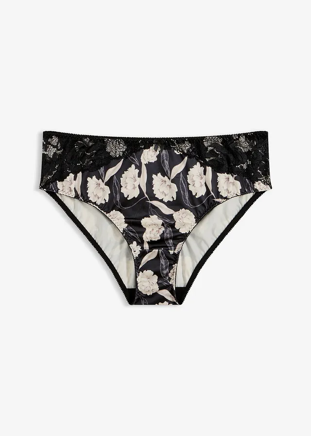 Slip Maxi en matière brillante avec dentelle, Couleur: noir floral