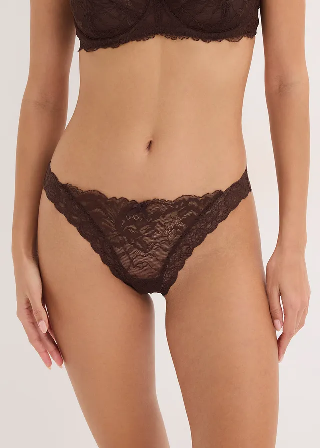 Braziliaanse slip met delicaat kant, Kleur: donkerbruin