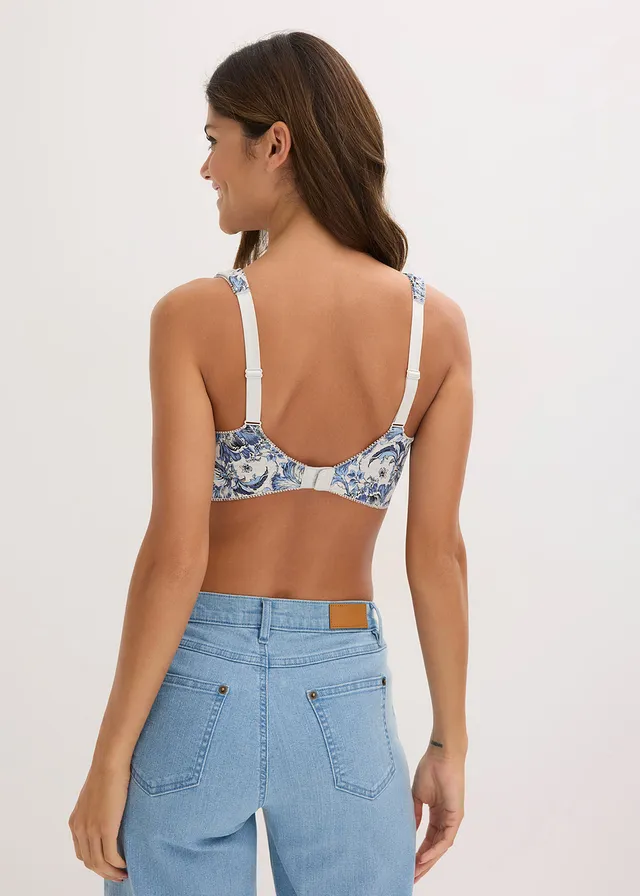 Lot de 3 soutiens-gorge coton sans armatures, Couleur: écru chiné imprimé+bleu jean+écru chiné