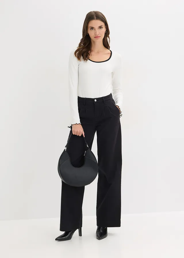 Wide leg bandplooibroek met comfortband • zwart • bonprix online shop