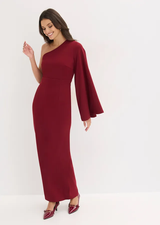 Avondjurk met one-shoulder halslijn, Kleur: robijnrood