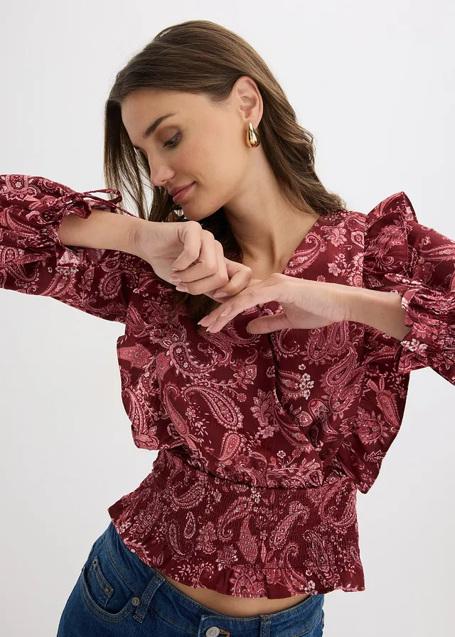 Blouse met volants, gesmokt • robijnrood paisley • product-page.page-title-suffix