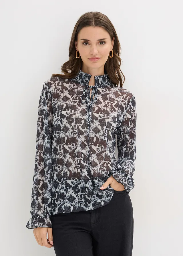 Blouse en mesh fin, Couleur: noir/écru paisley