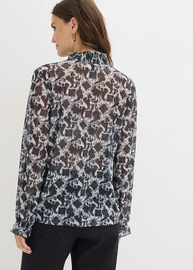Overhemdblouse van fijn mesh, Kleur: zwart-wolwit paisley