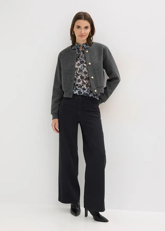 Overhemdblouse van fijn mesh, Kleur: zwart-wolwit paisley