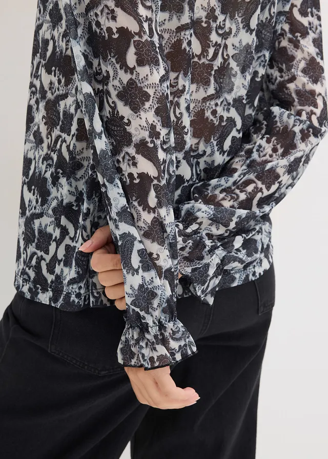 Overhemdblouse van fijn mesh • zwart-wolwit paisley • product-page.page-title-suffix