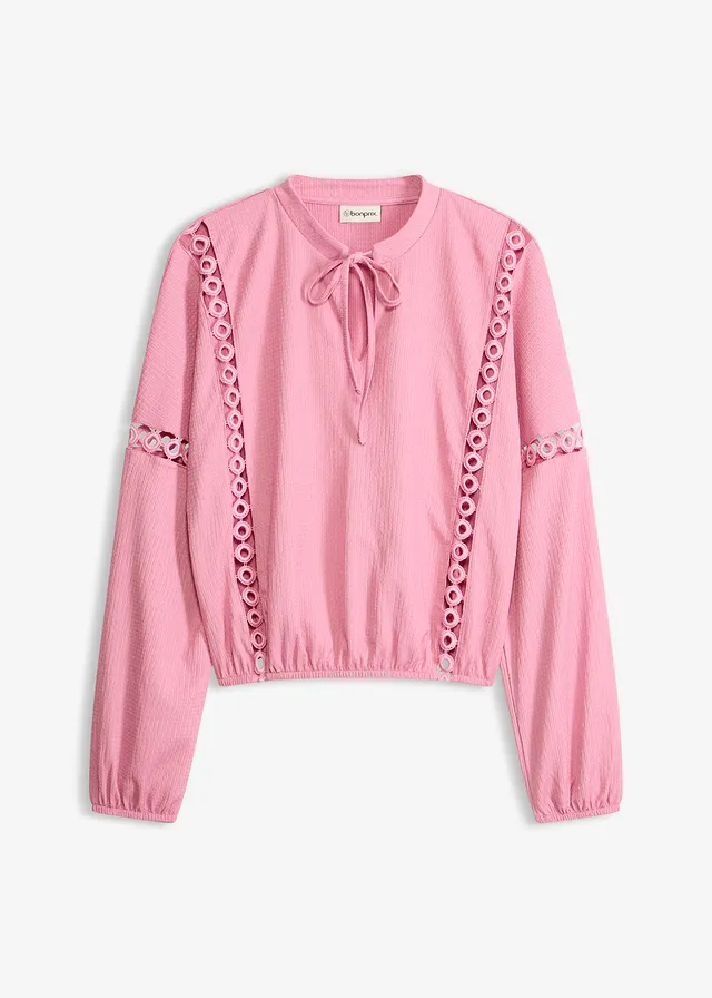 T-shirt manches longues en crêpe texturé, Couleur: orchidée fumé