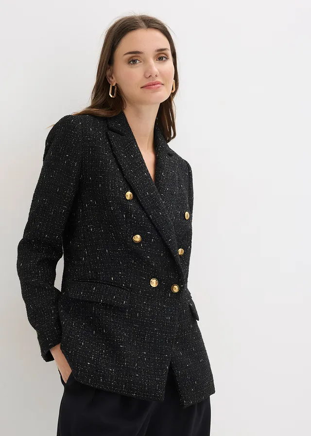 Blazer en maille bouclette à boutonnage double, Couleur: noir