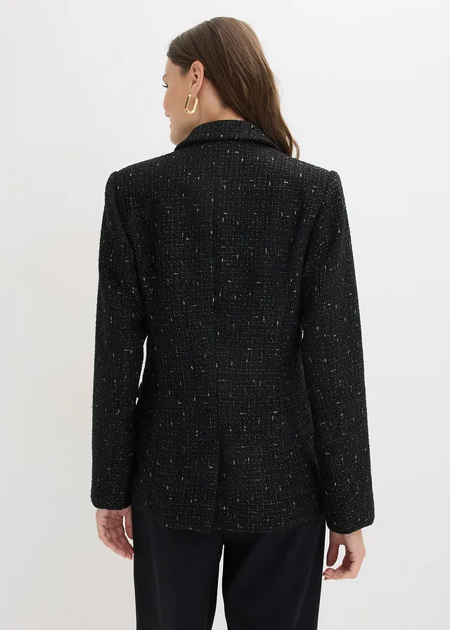 Blazer en maille bouclette à boutonnage double, Couleur: noir