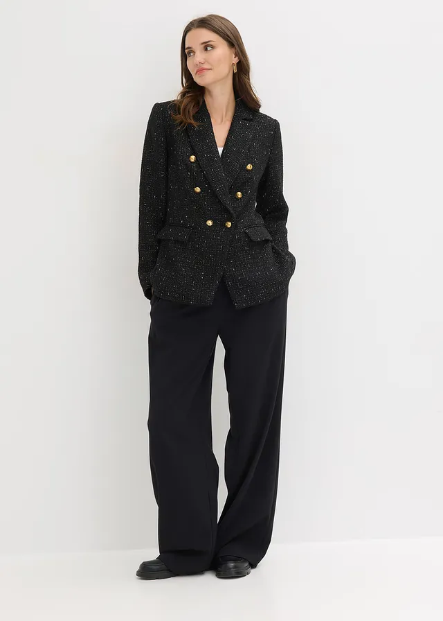 Blazer en maille bouclette à boutonnage double, Couleur: noir