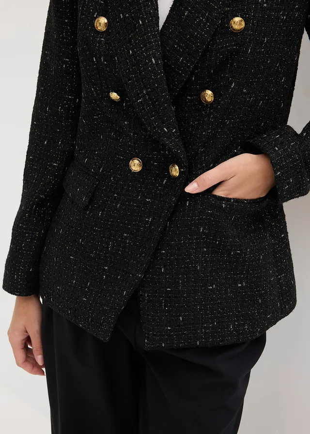 Bouclé blazer met dubbele knoopsluiting • zwart • product-page.page-title-suffix
