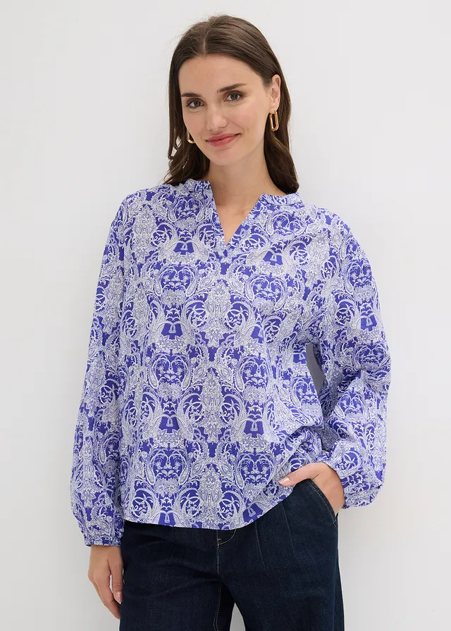 Blouse van puur katoen, Kleur: arctisch blauw-wolwit gedessineerd