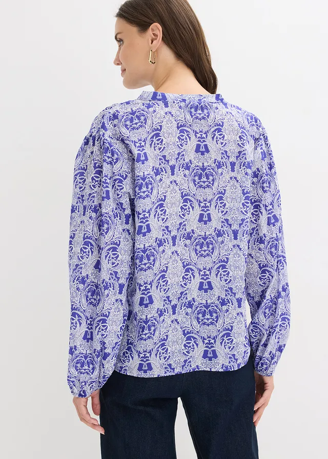 Blouse van puur katoen, Kleur: arctisch blauw-wolwit gedessineerd