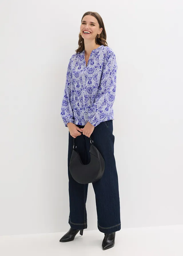Blouse van puur katoen, Kleur: arctisch blauw-wolwit gedessineerd