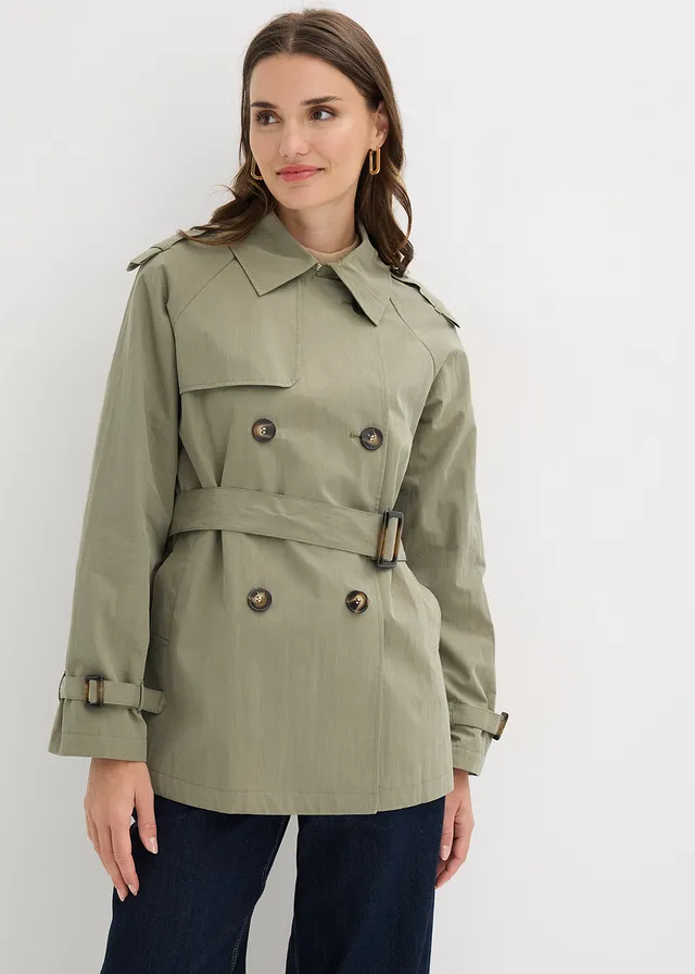 Korte trenchcoat, Kleur: olijfgroen