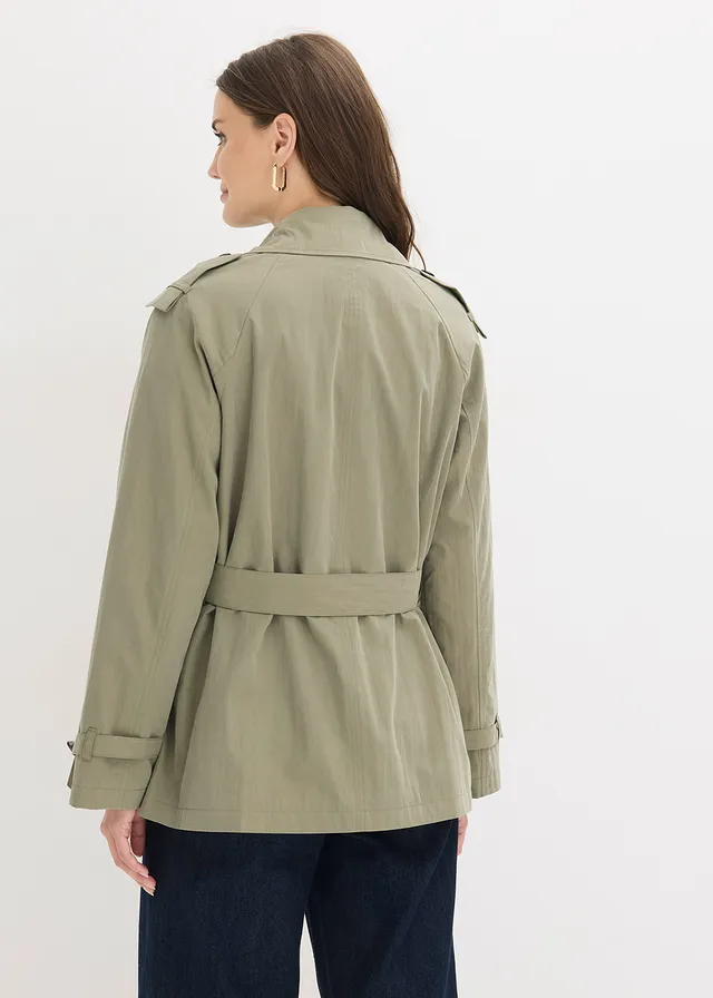 Korte trenchcoat, Kleur: olijfgroen