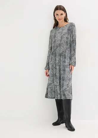 Midi jurk van viscose-mix, Kleur: zwart/wit