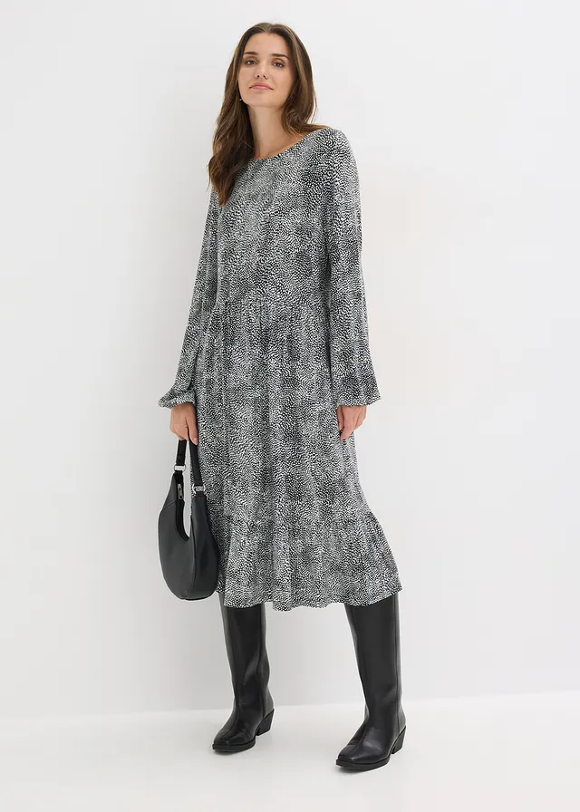 Midi jurk van viscose-mix, Kleur: zwart/wit