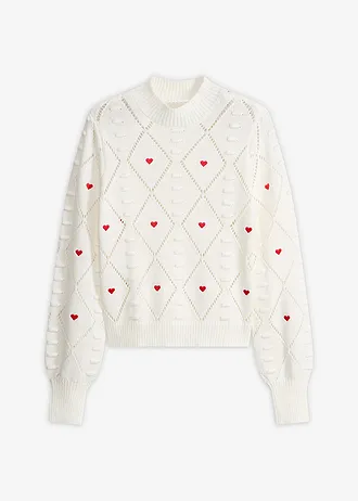 Pull ajouré, Couleur: blanc cassé/rouge