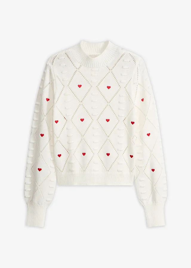 Ajour trui in een katoenmix • wolwit-rood • bonprix online shop