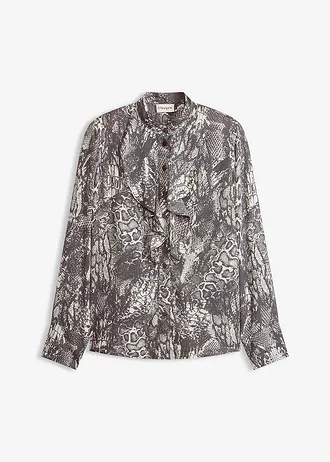 Chiffon blouse met volants, Kleur: zwart-parelwit slangenprint