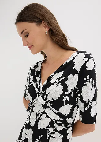 Rochie de jerse drapată, din amestec moale de viscoză • negru înflorat • magazin bonprix