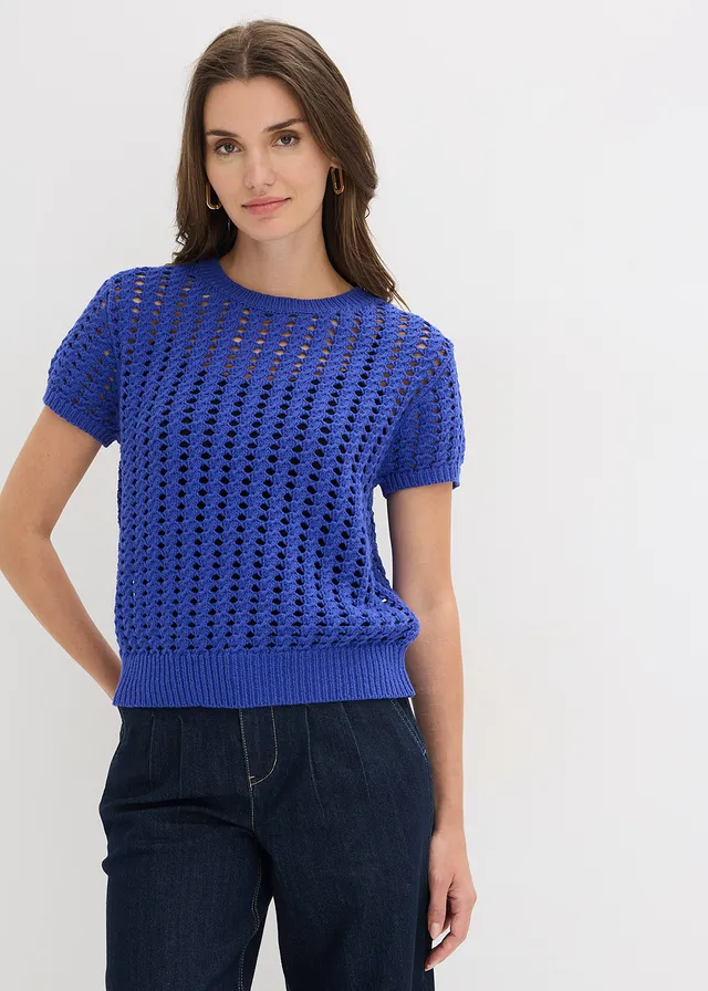 Ajour trui met korte mouwen van puur katoen, Kleur: blauw