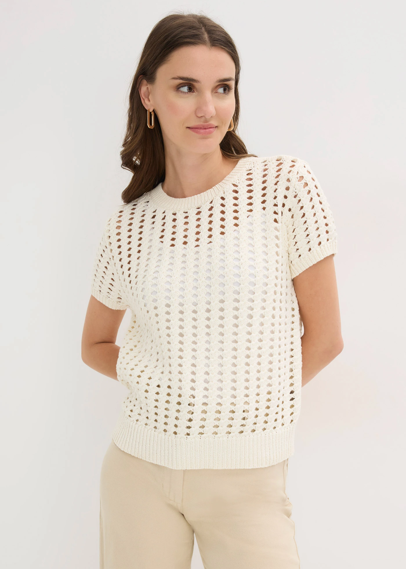 Sweter ażurowy z krótkim rękawem, z czystej bawełny • biel wełny • sklep bonprix