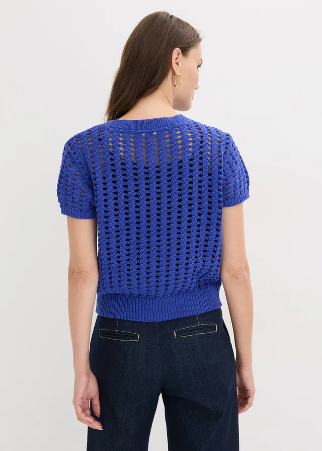 Ajour trui met korte mouwen van puur katoen, Kleur: blauw