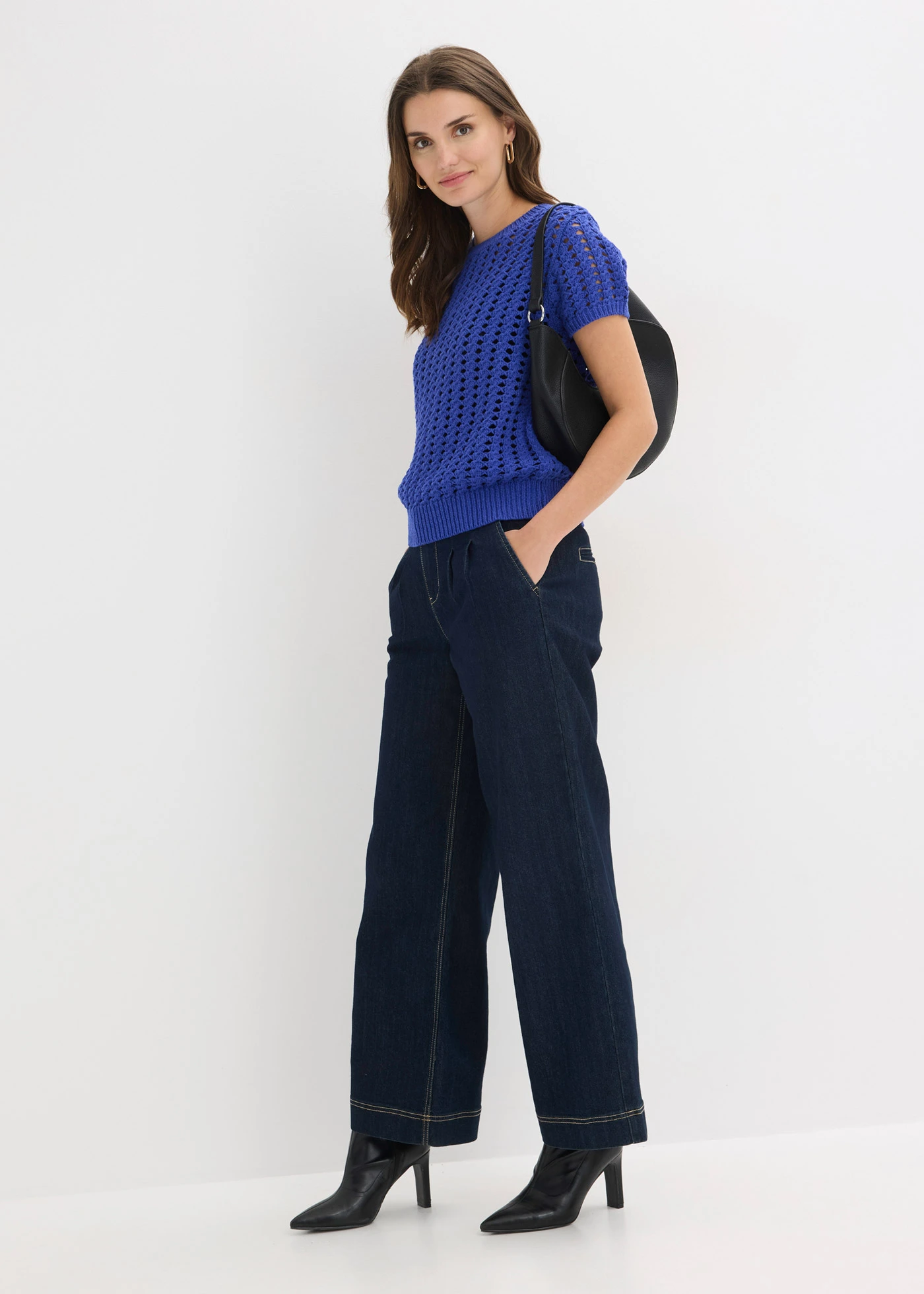 Pull manches courtes ajouré 100% coton • bleu • Boutique bonprix