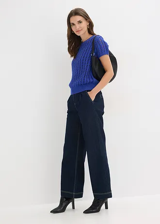 Ajour trui met korte mouwen van puur katoen, Kleur: blauw