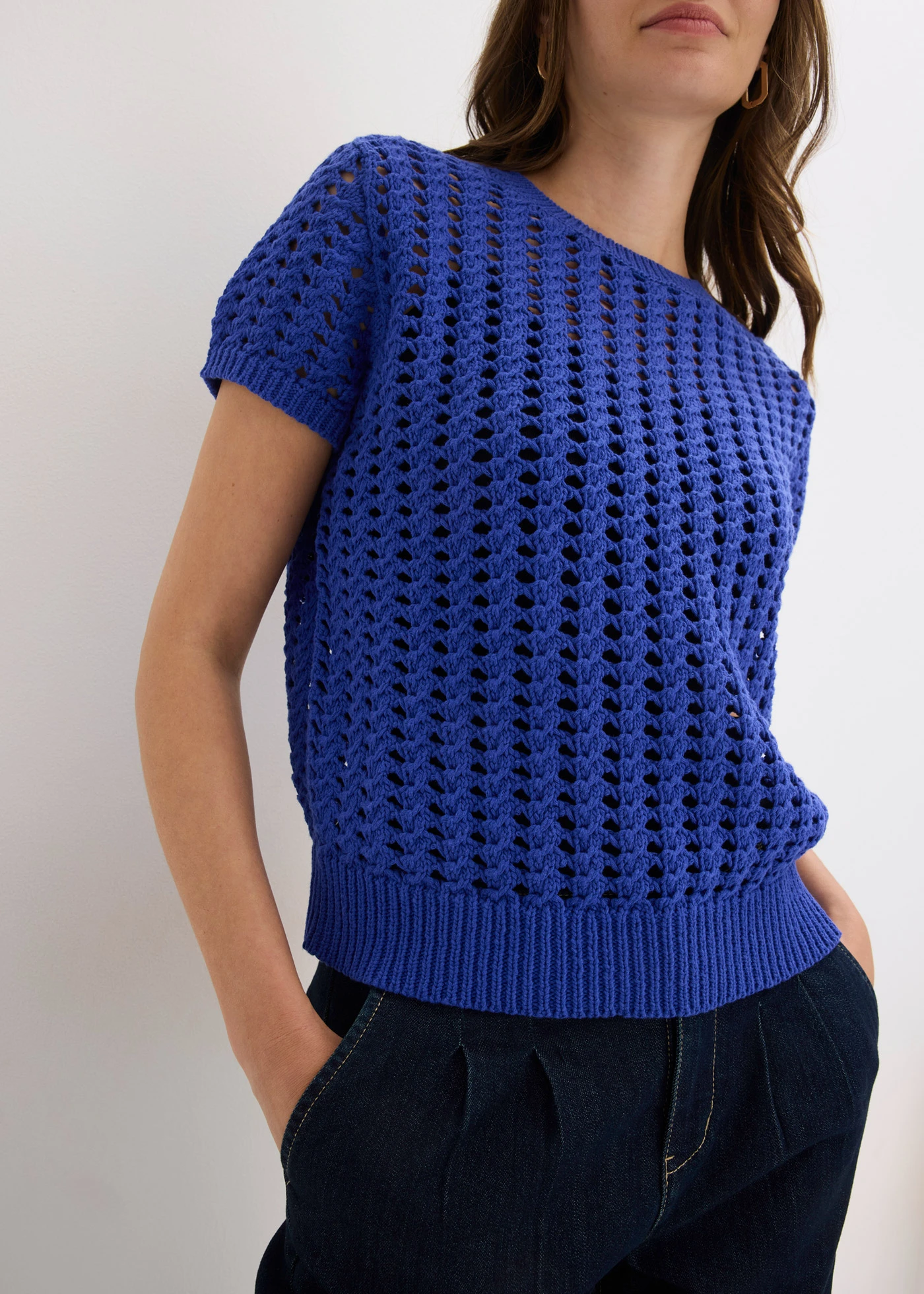 Ajour trui met korte mouwen van puur katoen • blauw • bonprix online shop
