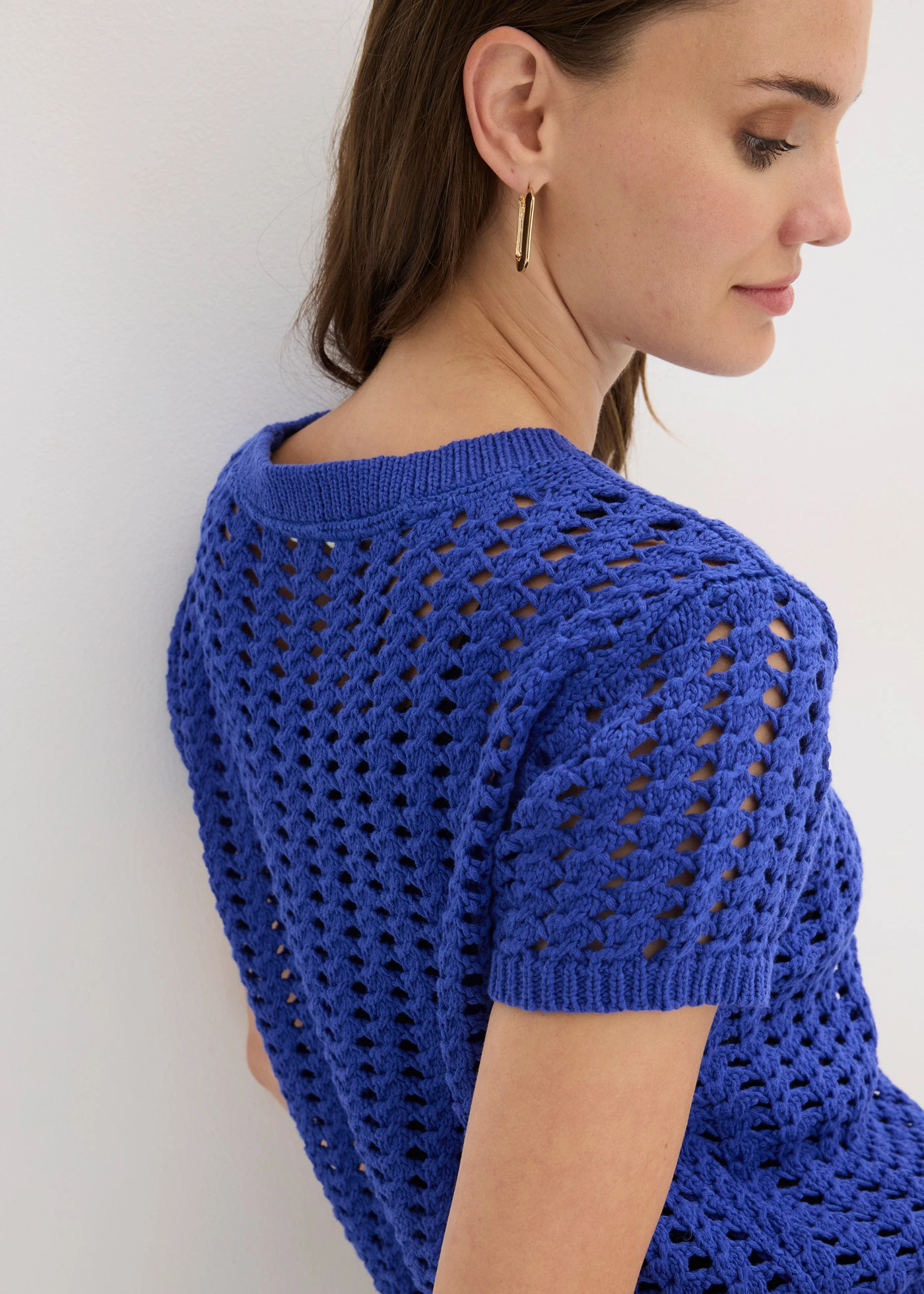 Sweter ażurowy z krótkim rękawem, z czystej bawełny • niebieski • sklep bonprix