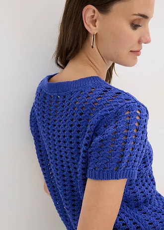Sweter ażurowy z krótkim rękawem, z czystej bawełny • niebieski • sklep bonprix