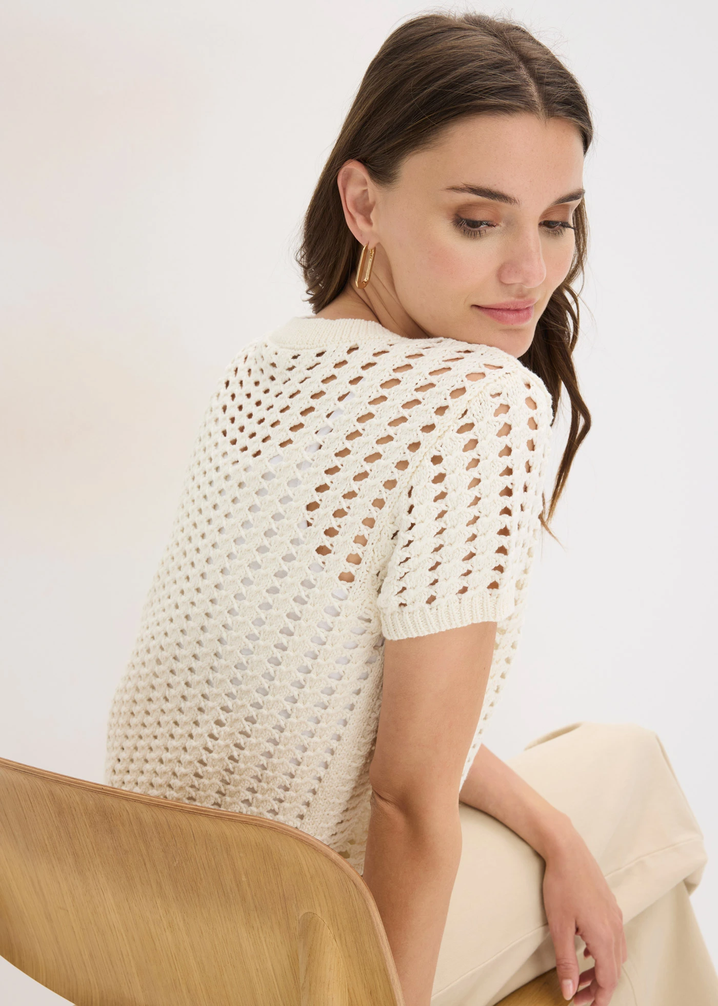 Ajour trui met korte mouwen van puur katoen • wolwit • bonprix online shop