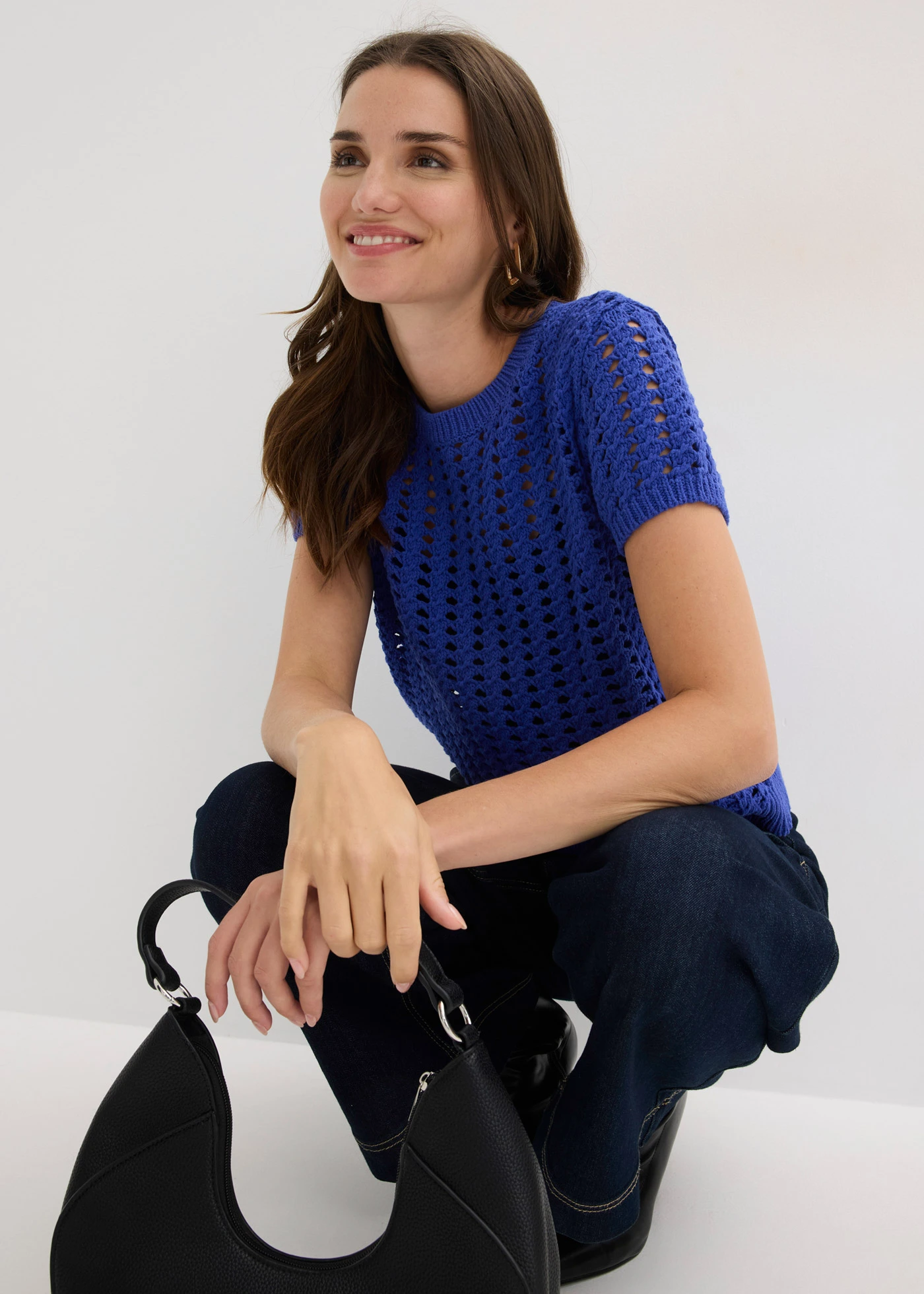 Sweter ażurowy z krótkim rękawem, z czystej bawełny • niebieski • sklep bonprix