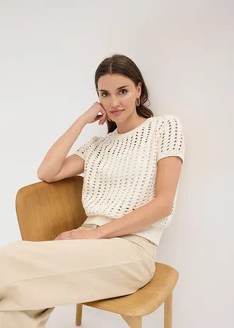 Sweter ażurowy z krótkim rękawem, z czystej bawełny • biel wełny • sklep bonprix