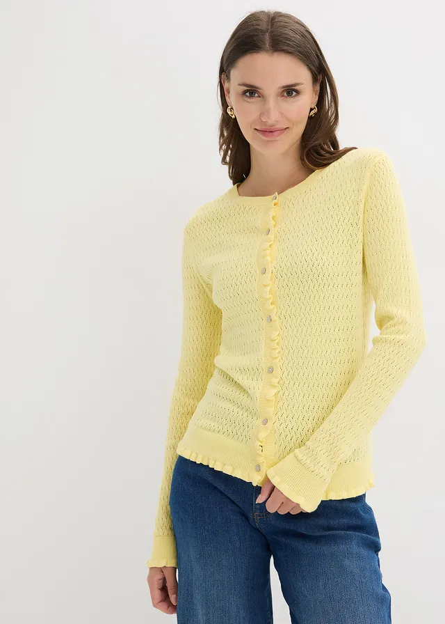 Ajour vest van een katoenmix, Kleur: lichtgeel