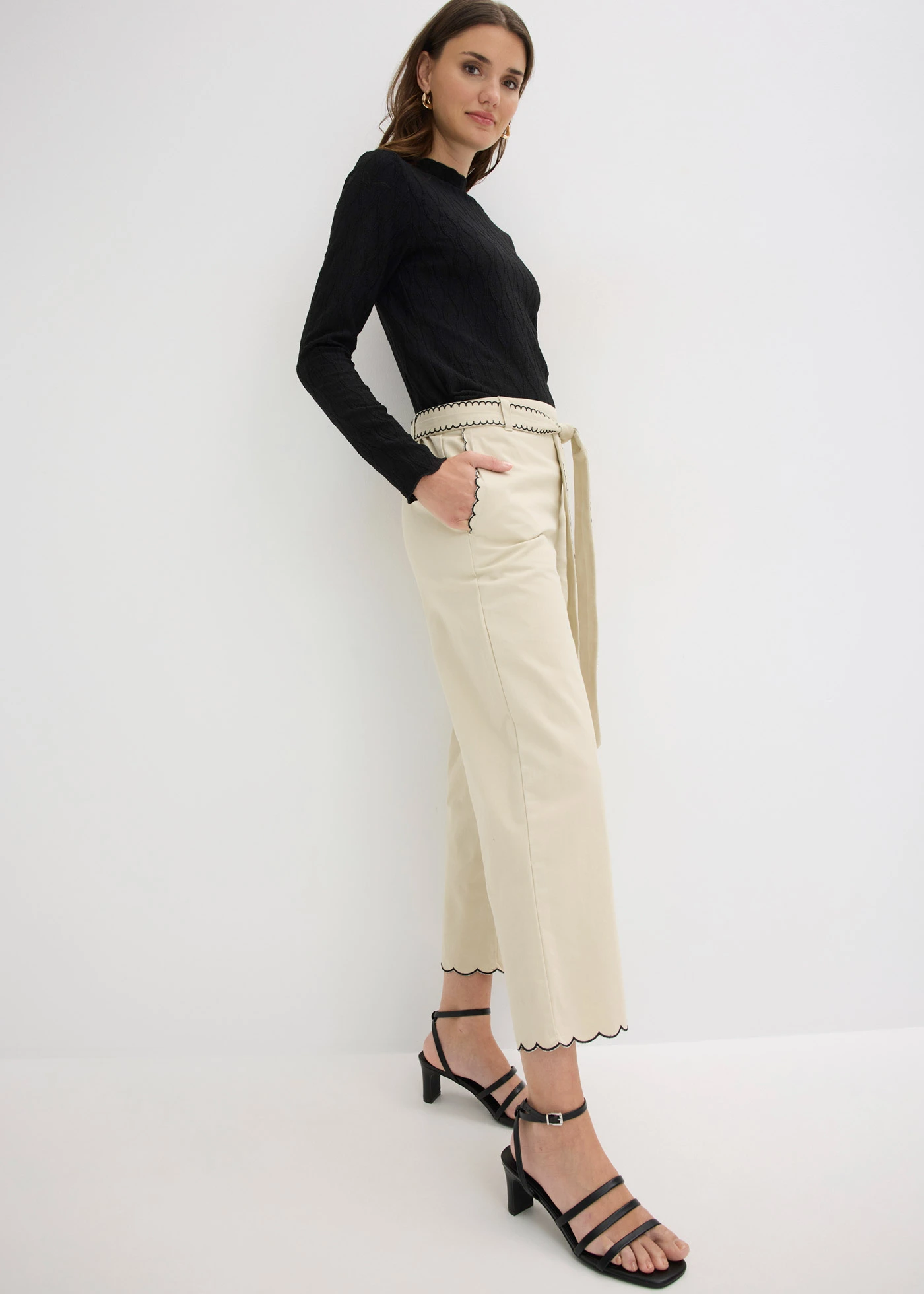 Pantalon large 100% coton • sable clair-noir • Boutique bonprix
