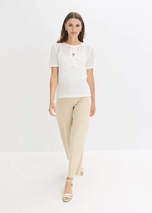 Ajour trui in een katoenmix lichtsand