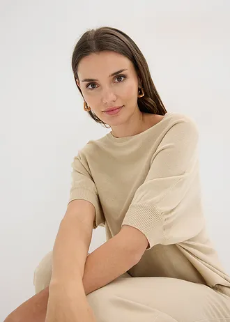 Jemne pletený pulóver z bavlneného mixu • svetlopiesková • obchod bonprix