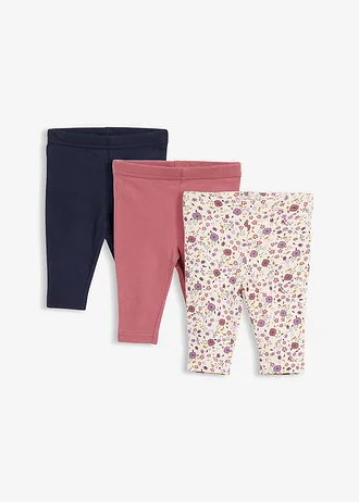 Lot de 3 leggings 100% coton, Couleur: bleu foncé/vieux rose/rose pâle/rose mat/beige naturel imprimé