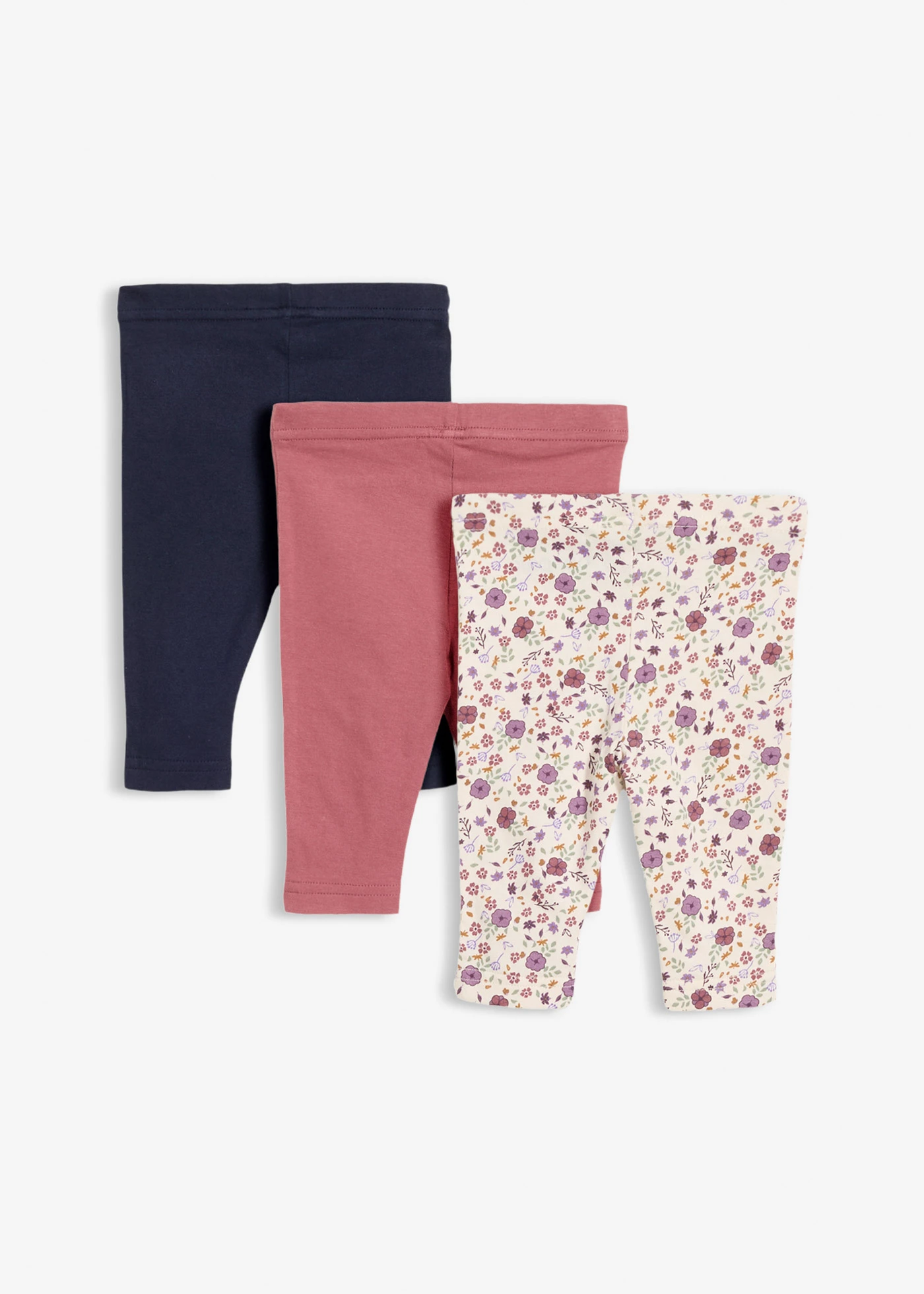 Legging van puur biologisch katoen (set van 3) • donkerblauw-soft bessen-soft roze-mat roze-natuurbeige met print • bonprix online shop