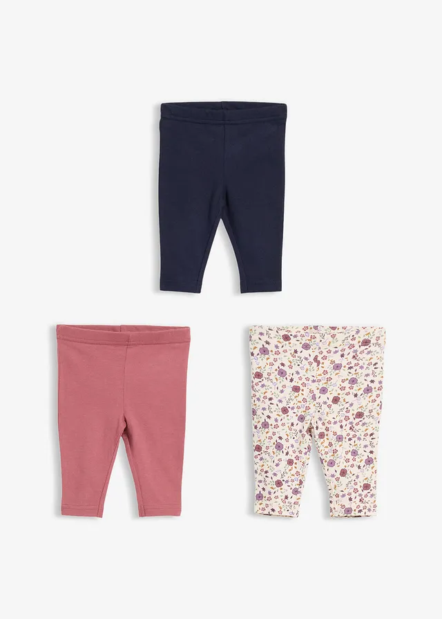 Lot de 3 leggings 100% coton, Couleur: bleu foncé-vieux rose-rose pâle-rose mat-beige naturel imprimé