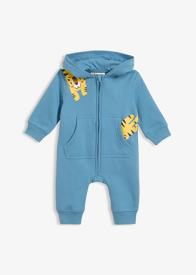 Sweat jumpsuit van puur biologisch katoen • mat blauw-kanariegeel met print • bonprix online shop